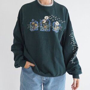 Vintage Morning Sun Green Bird Flower Dandelion Nature Scenic Grandma Sweater L